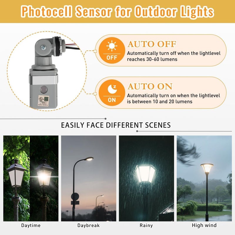 RAWILL 1 Pack Photocell Sensor for Outdoor Lights, 120VAC Dusk to Dawn Photocell Switch, IP54 Waterproof for Yard, Parking Lot, Street - Image 5
